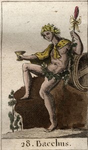 Représentation du dieu du vin et des récoltes Bacchus, tenant une coupe dans sa main. De « Mythologie de la jeunesse » par Pierre Blanchard 1803 - French School