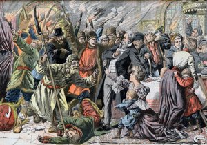 Révolution de 1905 - Paysans russes révoltés envahissant une maison de campagne. Jacquerie dans les provinces russes. Invasion d