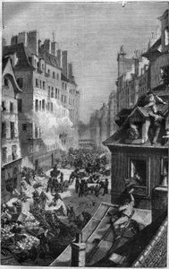 Révolution de 1830 : combat dans le faubourg Saint Antoine. Gravure dans « Histoire des Papes-Rois-Reines et Empereurs à travers les siècles » par Maurice Lachatre - French School