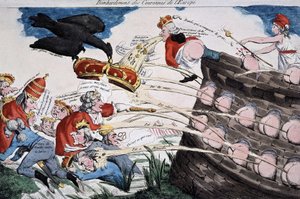 Guides révolutionnaires par Marianne bombardant les souverains européens avec leurs excréments. Caricature publiée pendant la Révolution française. Gravure. 1792. Musée Carnavalet.