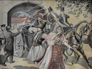 Attaque au revolver contre Milan Obrenovich (1854-1901) ancien roi de Serbie (1882 à 1889) le 7 juillet 1899 dans les rues de Sofia. Gravure dans "Le Pèlerin" du 23/07/1899