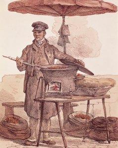 Marchand de châtaignes grillées, gravure, France - French School