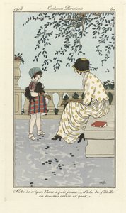 Robe de Crépon blanc à pois jaune - Robe de fillette en écossais cerise et vert, from Costumes Parisien, pub.1913 (pochoir print) - French School