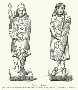 Roland et Roger, bas-reliefs du neuvième siècle en pierre au-dessus de la porte de la cathédrale de Vérone (gravure) - French School
