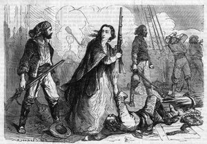 Roman feuilleton : « Mémoires de Joseph Garibaldi » par Alexandre Dumas (1802-1870). Anita Garibaldi (1821-1849), épouse de Giuseppe Garibaldi, prenant part à la bataille, fusil à la main. Gravure dans « Les bons romans »