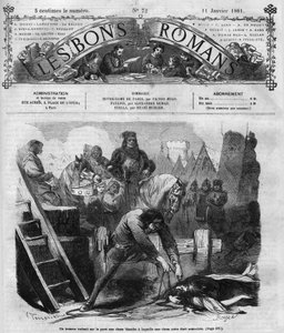 Roman-feuilleton : « Notre-Dame de Paris » de Victor Hugo (1802-1885). Un homme traîne deux femmes sur le pavé. Gravure dans « Les bons romans » - French School