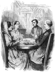Roman feuilleton : "Le Comte de Monte-Cristo" par Alexandre Dumas (1802-1870). Une partie de cartes entre quatre personnages. Gravure dans "Les bons romans" - French School