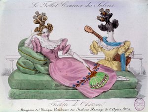 Mode romantique: Toilette de château. Deux femmes avec des coiffures extravagantes sur un canapé. Gravure du 19e siècle. Paris, Musée Carnavalet - French School