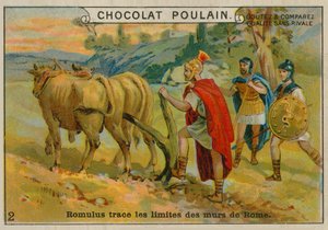 Romulus fixant les limites de Rome, carte de commerce Chocolat Poulain
