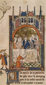 Le festin du roi Arthur, le roi Arthur et Guenièvre à un banquet, avec un serviteur agenouillé devant la table coupant du pain, de 