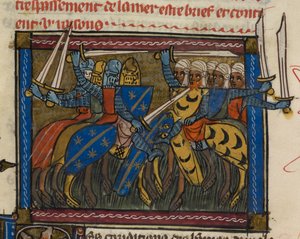 Armées chrétiennes et sarrasines en bataille, illustration de 