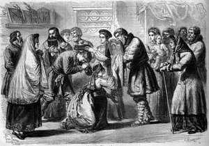 Coutume russe - Mariage - 1860 : cérémonie pré-nuptiale. Le parrain et la marraine bénissent les futurs mariés. Le parrain leur présente l
