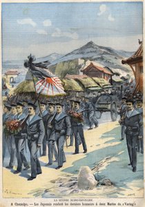 Guerre russo-japonaise À Chemulpo, les Japonais rendent les derniers honneurs à deux marins du Virag. Le Petit Parisien du 3 avril - French School