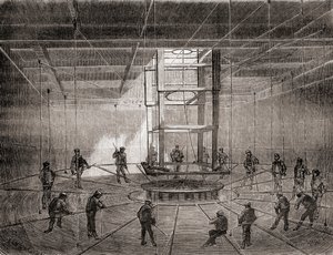 Marins et ouvriers enroulant le câble télégraphique transatlantique dans les réservoirs de cale du S.S. Great Eastern