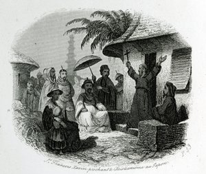 Saint François Xavier prêchant le christianisme au Japon. Gravure pour illustrer Histoire et Description du Japon par le Père de Charlevoix, A.Mame et Compagnie éditeurs, Tours - French School