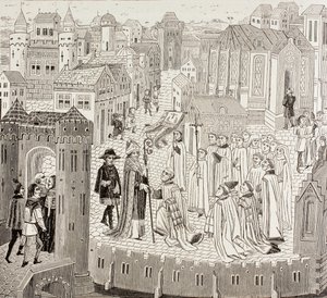 Saint Gaugericus, évêque de Cambrai, arrivant à la ville pour sa nomination, de 