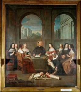 Saint Vincent de Paul et les dames de charité. Représentation de Saint Vincent de Paul entouré de religieuses s