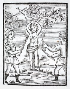 Sainte Reine est attachée à deux poteaux en forme de croix et brûlée par des torches - French School