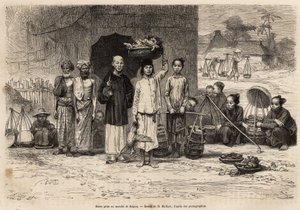 Scène du marché de Saigon (illustration du voyage en Cochinchine, par le docteur Morice, 1872, publié dans "Le tour du monde" 1875) - French School
