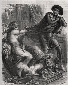 Scène de la Bible : « Elle saisit le jeune homme trop vertueux par sa tunique ». La femme de Putiphar tente de séduire Joseph, esclave du pharaon. Gravure de 1871 dans « Histoire Des Cocus Célèbres » par Henry de Kock (1819-1892). - French School
