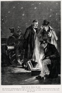 Expérience scientifique : le calcul de la vitesse du son, par Humboldt, Louis-Joseph Gay-Lussac, Bouvard, Prony et Mathieu, déterminant le temps écoulé entre la perception de la lumière et celle d