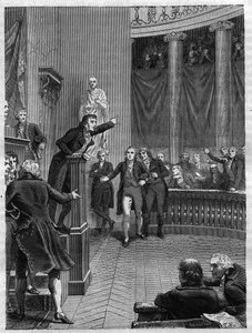 Séance du Tribunat : discours de Benjamin Constant (1767-1830) à la tribune dénonçant le régime mis en place par Napoléon, janvier 1800 - Gravure de 1865 dans « Histoire du Consulat et de l