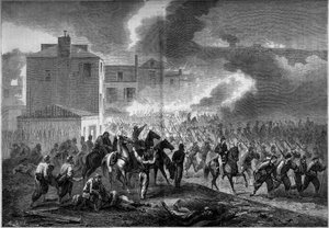 Guerre de Sécession (1861-1865) ou guerre civile américaine : évacuation de la ville de Corinth (Mississippi) en 1862. Gravure dans "Le Monde Illustré" n°275 du 19 juillet 1862 - French School
