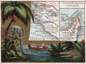 Sénégal, Mayotte, Île de Sainte-Marie, Nossi-Bé, Afrique. Éléphant, crocodile et bateau sur une rivière. Série sur les colonies françaises. Chromolithographie « le fil géographique », vers 1920. Collection privée.