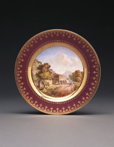 Assiette topographique fond pourpre de Sèvres - French School