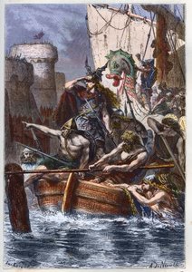 Siège de Paris (885-887) : invasion des Normands (Vikings) en 886 - Le chef viking Rollon attaquant Paris via la Seine en 885 - gravure de « L