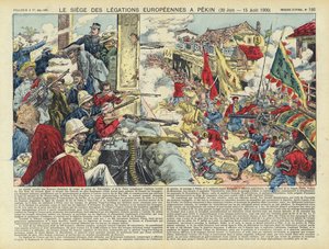 Siège des légations européennes à Pékin, rébellion des Boxers, Chine, 20 juin - 15 août 1900 (lithographie couleur)