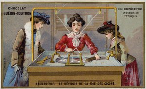 Fabrication de la soie. Filage des fibres sur un dévidoir - French School