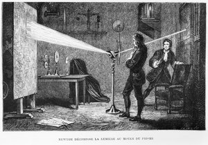 Sir Isaac Newton (1642-1727) décomposant la lumière à travers un prisme, illustration de La Vie des Savants Illustres par Louis Figuier, 1868 - French School