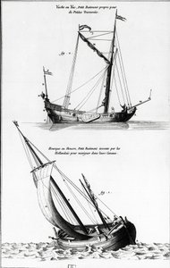 Esquisse de bateaux: un yacht ou yac et une hourque ou hollock, qui est un petit bateau inventé par les Hollandais pour naviguer sur les canaux - dans "Encyclopédie de Diderot", vol 7 Marine, gravure, Bibl. Mazarine