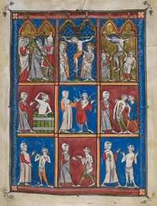 La Chirurgia : Neuf miniatures montrant des scènes bibliques et médicales. En haut, le Christ portant la croix ; Marie et Saint Jean au Calvaire ; le Christ recevant du vinaigre et percé de la lance. Au centre et en bas, des médecins traitant des patients  - French School