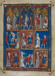 Sloane MS 1977 fol.6r Neuf miniatures montrant des scènes bibliques et médicales. En haut, le Christ devant Caïphe et Pilate; la flagellation. Au centre et en bas, des médecins traitant des patients pour des fractures et d