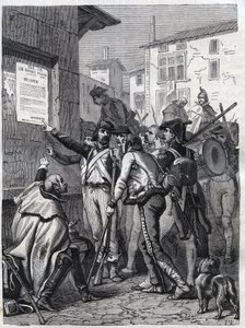 Soldats, vos besoins sont grands : soldats français lisant la proclamation du général Bonaparte en novembre 1799 - Gravure de 1865 dans « Histoire du Consulat et de l