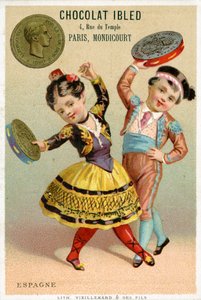 Enfants espagnols dansant avec des tambourins faits de pesetas, d