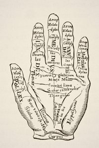 Spécimen de la main gauche avec les lignes et leurs dénominations horoscopiques, de Science et Littérature au Moyen Âge par Paul Lacroix, pub. Londres 1878