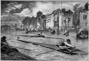 Compétition sportive : course de canoë (outrigger) sur la Tamise. Angleterre. - French School
