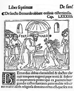 Saint Bernard de Clairvaux exorcisant une femme possédée, illustration de La Vie des Saints publiée en 1506 - French School