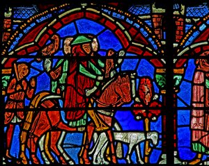Vitrail de Saint Chéron : le cheval du prince et son entourage