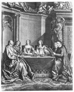 Saint Vincent de Paul (1581-1660) et le cardinal Jules Mazarin (1602-61) au Conseil de Conscience de Louis XIV (1638-1715) gravé par Gérard Scotin vers 1660 - French School
