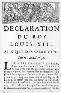 Déclaration de Louis XIII (1601-43) sur les comédiens, 16 avril 1641