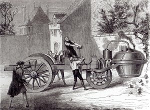 Voiture à vapeur inventée par Nicolas Joseph Cugnot (1725-1804) en 1771, 1886 - French School