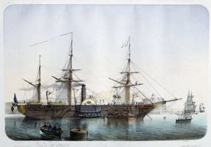Frégate à vapeur dans le port de Toulon, vers 1850 - French School