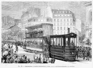 Remorqueur à vapeur pour voitures de tramway expérimentées à Paris, de la gare Montparnasse à la Bastille - dans « Les nouvelles conquêtes de la science » par Louis Figuier