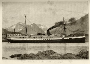 Le vapeur La Reine, dans le port de Sitka (Alaska, USA). Gravure par Bocher, en 1890, dans Le tour du monde, nouveau journal des voyages, édité par Edouard Charton (1807-1890), 2e semestre 1891, édition Hachette, Paris. - French School