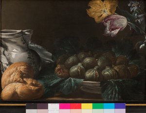 Nature morte avec assiette de figues, cruche, fleurs et pain, 1740-50 - French School
