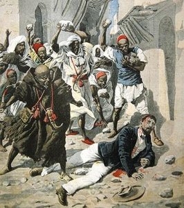 Lapidation à mort du Docteur Émile Mauchamp à Marrakech, illustration de couverture de Le Petit Journal, 7 avril 1907 - French School